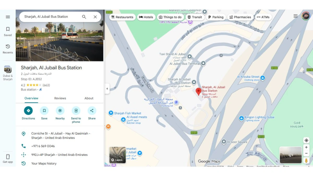 What is the location of Al Jubail bus station in Sharjah?

